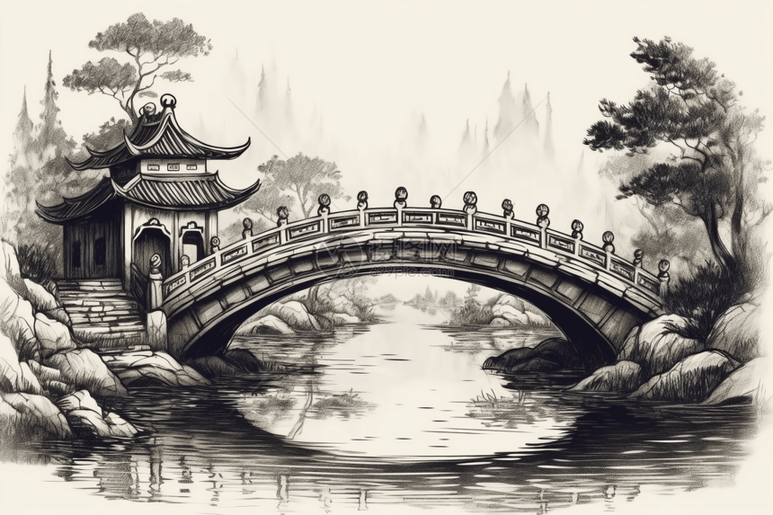 一座风景如画的中国桥图片