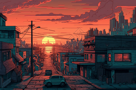 夕阳下的城市街道图片