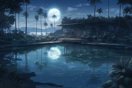 月光下的泳池游泳池高清图片素材