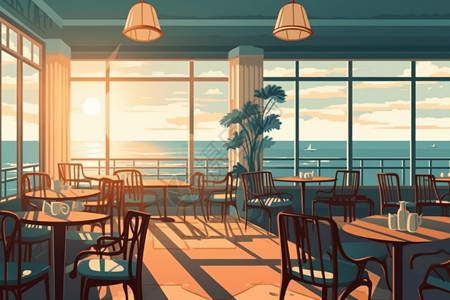 酒店早餐厅看见海洋的酒店餐厅插画