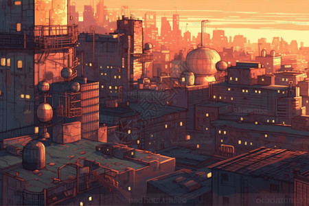 夕阳城市屋顶上背景图片