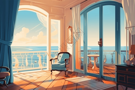 海景窗帘套房配有私人阳台插画