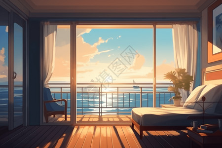 海景窗帘舒适的套房插画