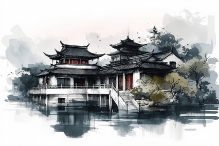 水墨画中国传统园林插画高清图片