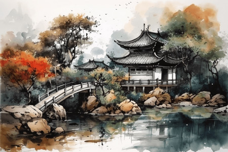 水墨画中国传统园林背景图片