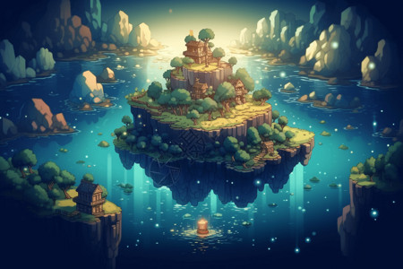 小景观像素艺术景观浮岛风格的幻想世界插画