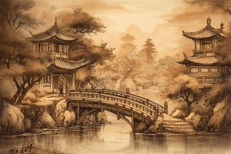 中国木桥水墨画背景图片