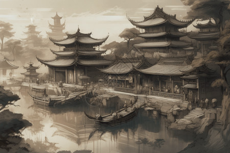 中国风水墨建筑画背景图片