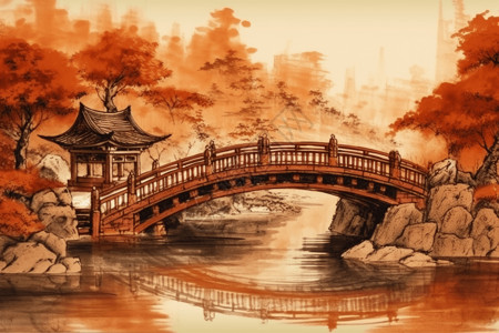 木桥水墨画背景图片