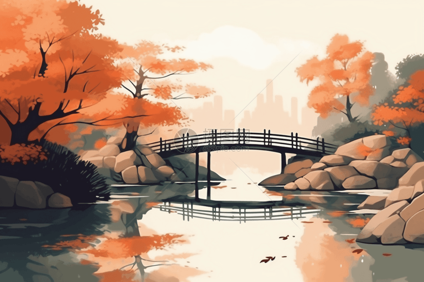 石桥和枫树的插画图片