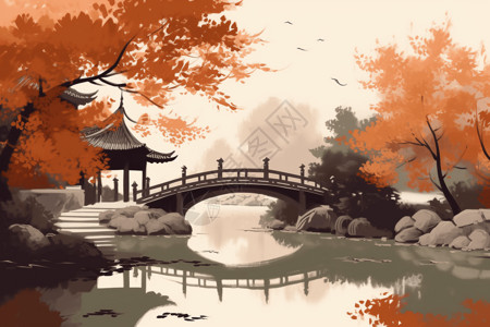 中国风小桥流水的插画背景图片