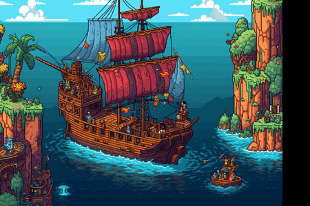 海盗船像素画背景图片