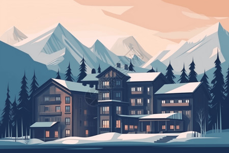 滑雪度假酒店设计插画图片