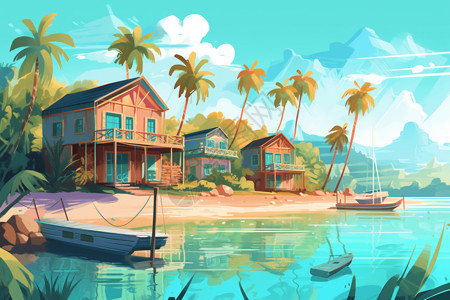热带海滩度假胜地全景插画图片