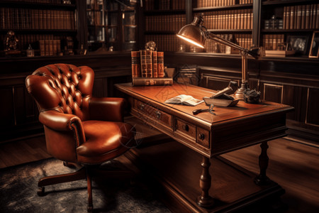 棕色书柜桌子美式经典书房渲染图设计图片