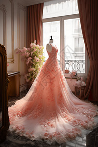 华丽的粉色丝绸水晶西式婚纱图片