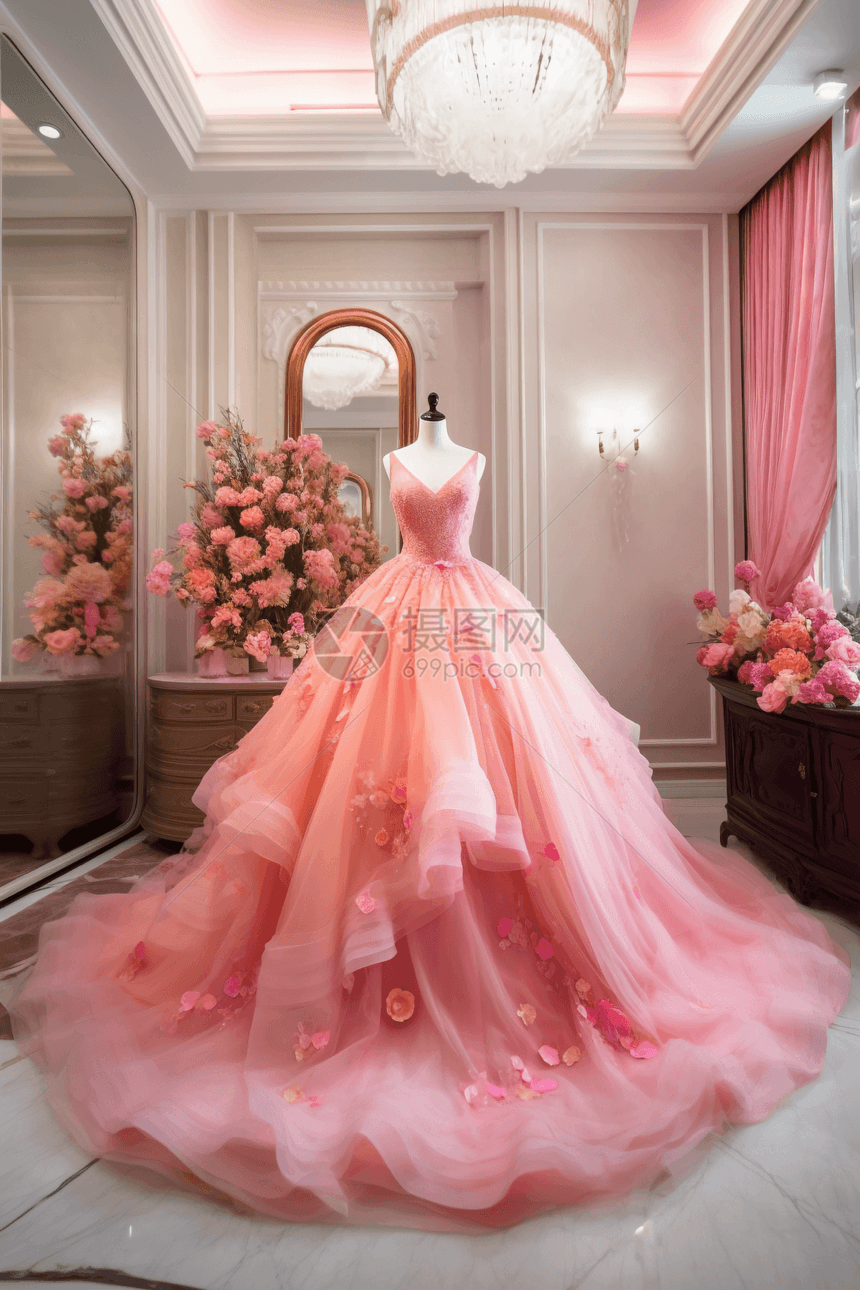 粉色丝绸水晶西式婚纱图片