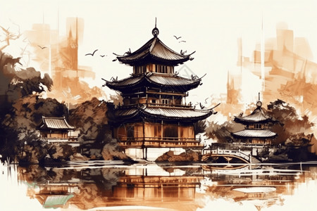 中国传统建筑水墨画背景图片