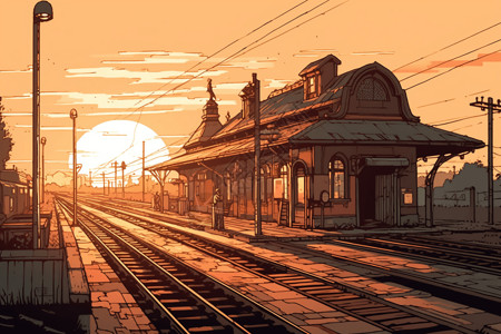 日落时的火车站背景图片
