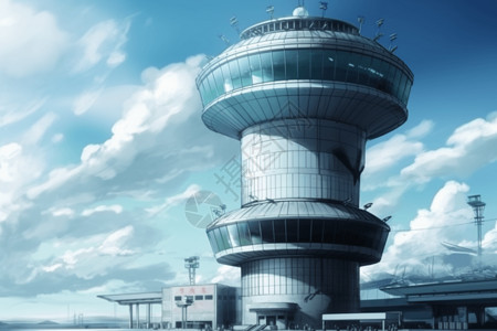 监视机场控制塔的特写视图插画