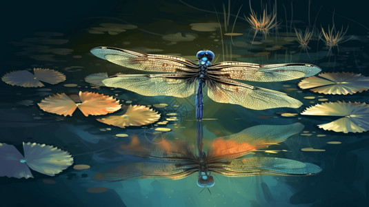 水面上的蜻蜓倒影图片