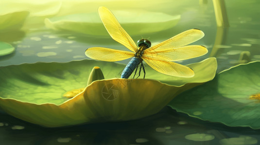 夏天黄色荷叶的蜻蜓图片