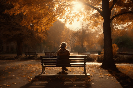 一个女人安静的坐在公园的长椅上高清图片