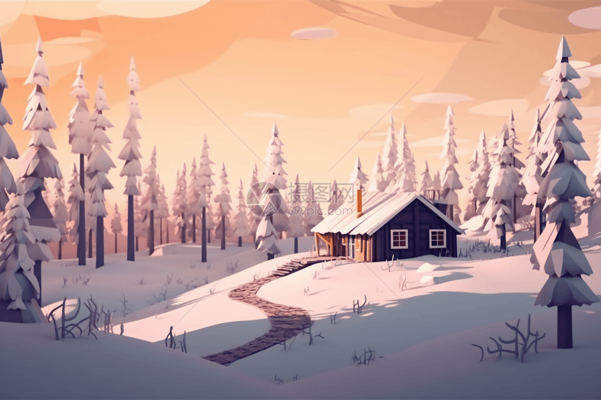 像素化的积雪景观，低聚松树和远处舒适的小屋。，高清图片
