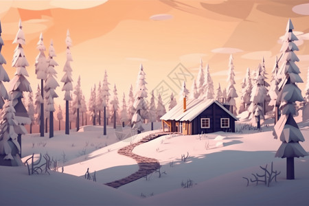 像素化的积雪景观，低聚松树和远处舒适的小屋。，高清背景图片