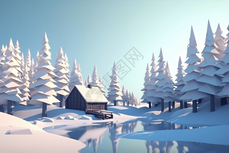 插画风森林木屋雪景图片