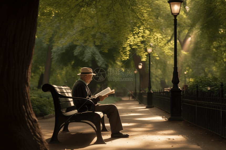 一个人在公园长椅上读书图片