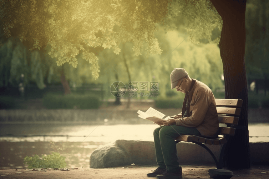 在森林的长凳上阅读的人图片