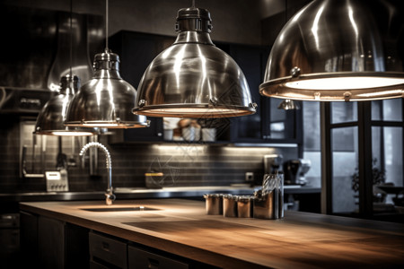 现代厨房中的工业吊灯图片