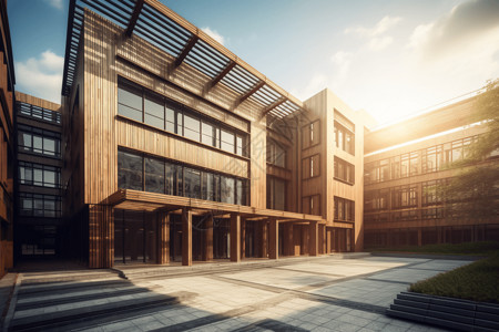 太阳下木制大学建筑设计高清图片