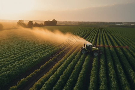 无人机喷洒农药拖拉机在日落时向绿色大豆种植园喷洒农药背景