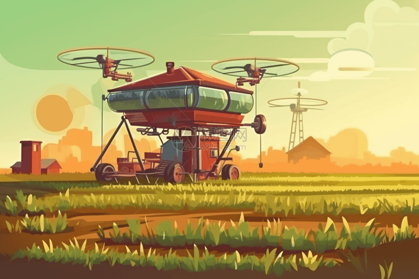 无人机灌溉农业平面插画图片