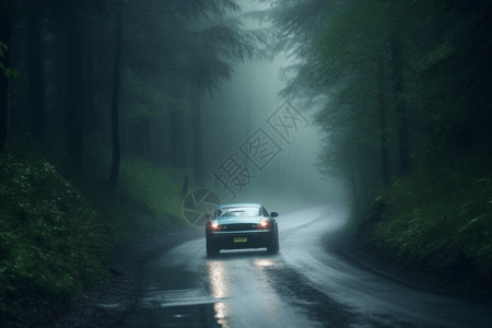 穿过薄雾和雨水汽车行驶在道路中图片