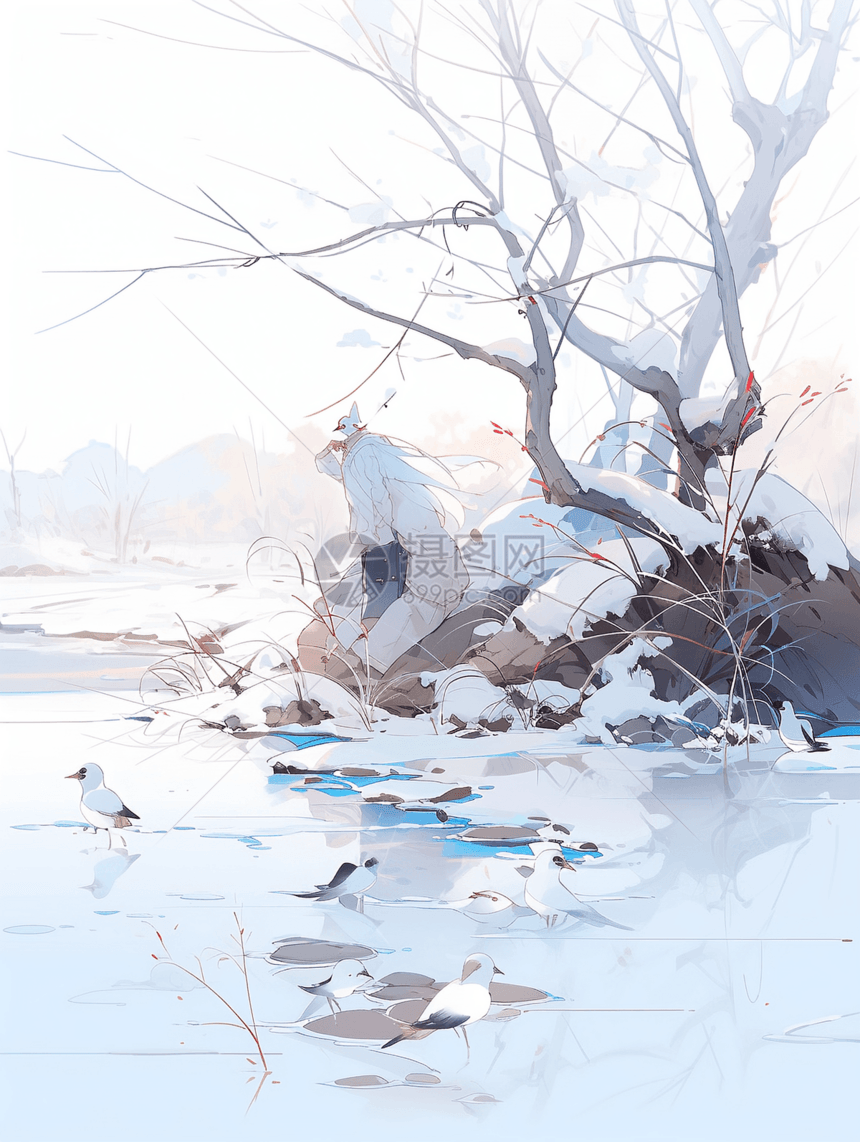 冬季霜降立冬节气明亮枯树雪地与小鸟图片