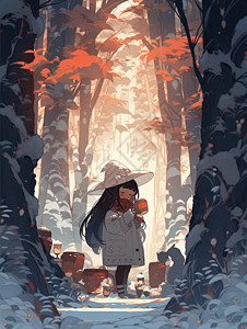 大雪路上冬天森林里的小女孩喝热茶插画