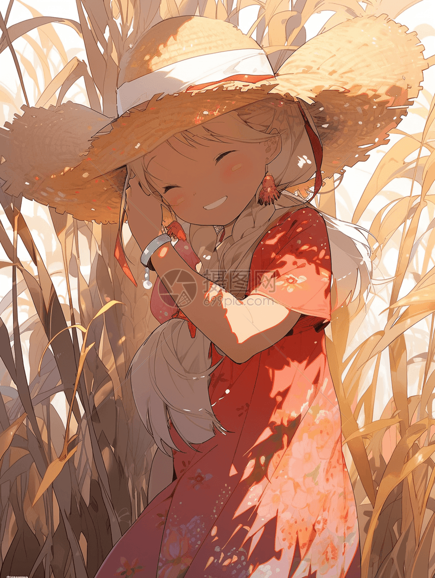 小满芒种抱着小麦的小女孩图片