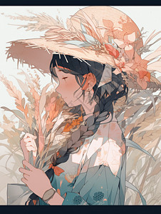 麦穗上的女孩抱着小麦的小女孩插画
