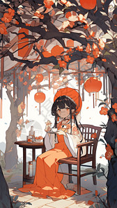 可爱小女孩坐在亭子里喝茶背景图片