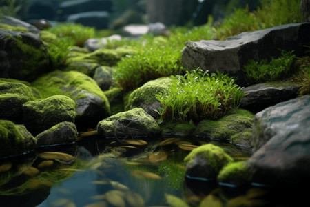 石头高清素材池塘中的水生植物和岩石背景