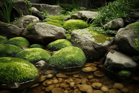 石头高清素材池塘中的水生植物和岩石背景