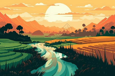 日落下的稻田美景高清图片