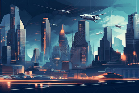 科技感飞行汽车穿越城市背景图片