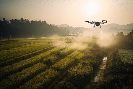 无人机喷洒农药在稻田上喷洒农药的无人机背景