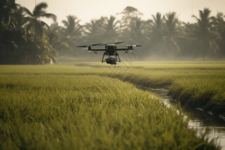 一架无人机在稻田上喷洒农药图片