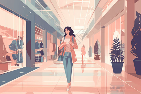 年轻女性购物一名年轻女子在画图购物中心购物插画