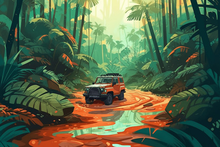 在丛林中探险的越野车背景图片